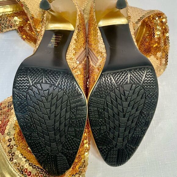 GOLD THIGH HIGH SEQUIN BOOTS w INSIDE ZIPPER 4” HEEL - Picture 4 of 5